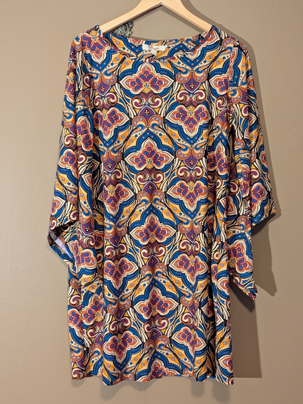 Aryeh Multicolor Patterned Midi Dress - Blue, Yellow, Purple. Sz L. Bell Sleeves